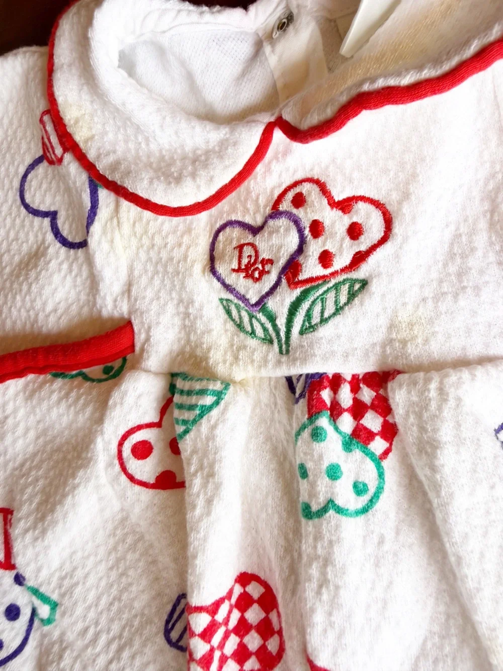 BABY DIOR Vintage 100 Percent Cotton White Baby Bodysuit with Hearts Red Trim